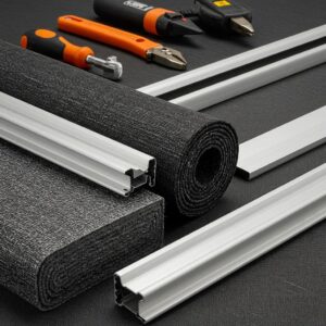 Close-up of hurricane screen materials, showcasing Kevlar fabric and aluminum tracks for durability