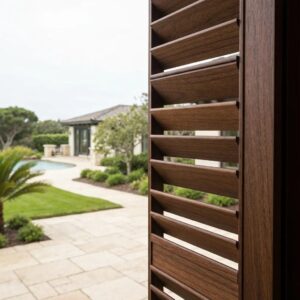 Close-up of locked accordion shutter showcasing security features for coastal homes