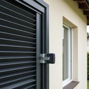 Close-up of locked accordion shutters over a window, showcasing home security features