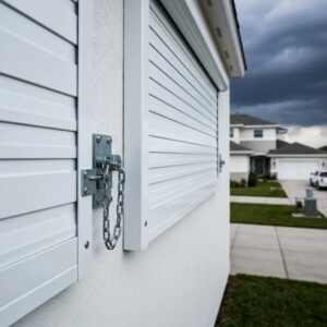 Close-up of a locked roll down shutter demonstrating security and storm protection