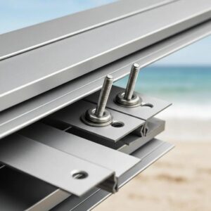 Close up of marine‑grade aluminum slats and stainless fasteners on roll‑down hurricane shutters, showing corrosion resistance