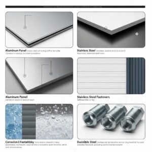 Close-up of accordion-shutter components — aluminum panels and stainless-steel fasteners built for coastal weather