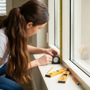 Measuring a window opening for roll-down shutters, showing tools and measurement points