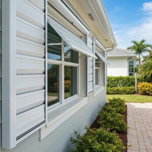Close-up of open accordion hurricane shutters on a coastal home, highlighting durability and ease of use