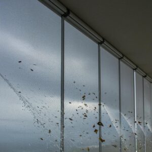 Close-up of roll-down hurricane screens demonstrating impact resistance during a storm