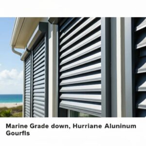 Close-up of roll-down shutters on a coastal house highlighting material quality and corrosion resistance