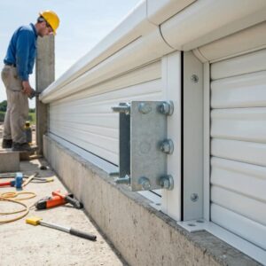 Detail of roll down shutter attachment and anchoring showing components for code compliance