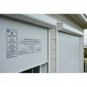 Close-up of roll down shutter with compliance labeling at a North Carolina coastal property