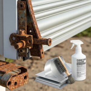 Close-up showing corrosion on roll-down shutter components and corrosion-resistant replacements