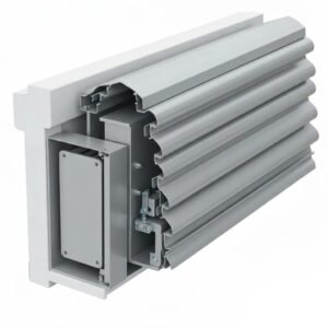 Close-up of roll-down shutter slats and headbox components
