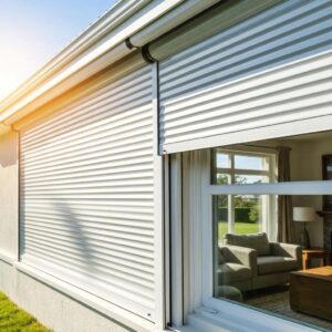 Closed roll-down shutters reflecting sun — helping to reduce heat gain and improve indoor comfort