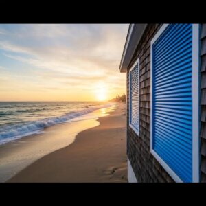 Coastal beach house with accordion shutters closed to show protection from storms