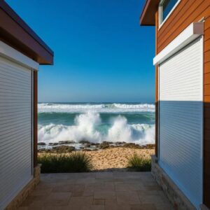 Coastal beach house with roll down shutters showcasing hurricane protection features