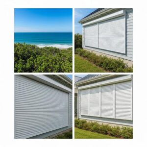 Coastal Carolina home featuring accordion and roll-down hurricane shutters, showcasing protection and aesthetic appeal
