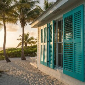 Coastal cottage with open Bahama shutters, showing the relaxed tropical silhouette