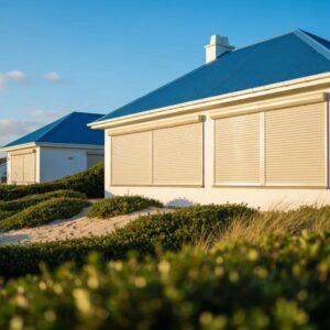 Coastal home featuring deployed accordion shutters, highlighting hurricane protection and aesthetic integration