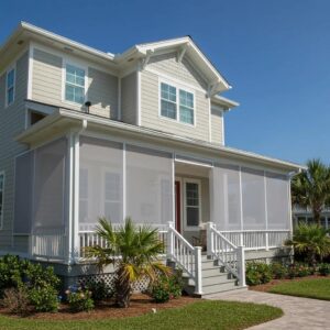 Coastal home featuring permanent hurricane screens, illustrating storm protection and aesthetic integration