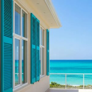 Coastal home featuring various hurricane shutters, highlighting storm protection and aesthetic appeal