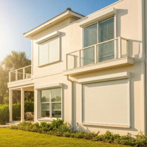 Coastal home featuring various types of durable hurricane shutters installed
