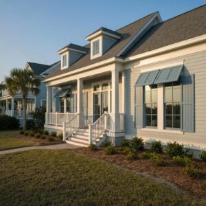 Coastal home in the Carolinas featuring hurricane shutters, illustrating safety and preparedness against storms