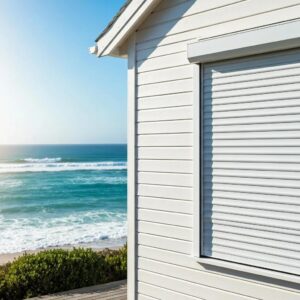 Coastal home with a well-maintained accordion shutter, emphasizing hurricane protection and home safety