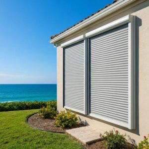 Coastal home with accordion hurricane shutters partially open, showcasing functionality and aesthetic appeal