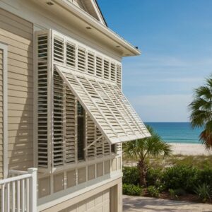 Coastal home with accordion hurricane shutters partially open, showcasing storm protection features