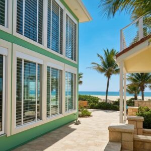Coastal home with accordion shutters demonstrating energy efficiency and storm protection