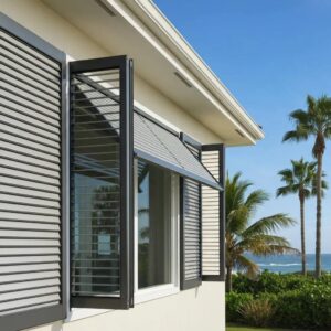 Coastal home with accordion shutters demonstrating storm protection features