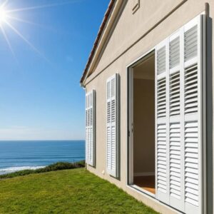 Coastal home with accordion shutters demonstrating storm protection features