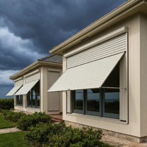 Coastal home with accordion shutters demonstrating storm protection features
