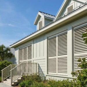Coastal home with accordion shutters enhancing curb appeal and aesthetic design
