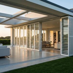 Coastal home with accordion shutters enhancing curb appeal and storm protection