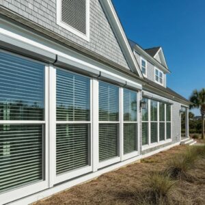 Coastal home with accordion shutters highlighting storm protection and aesthetic appeal