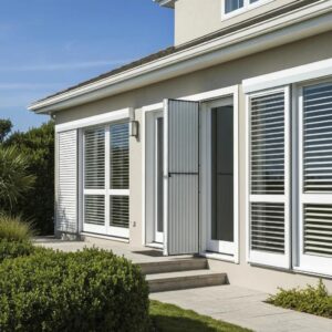 Coastal home with accordion shutters installed, showcasing storm protection features