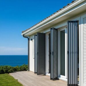 Coastal home with accordion shutters installed, showcasing storm protection features
