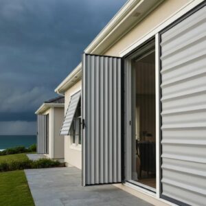 Coastal home with accordion shutters partially closed against a stormy sky, showcasing storm protection features