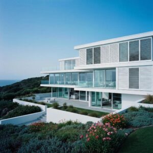 Coastal home with accordion shutters partially closed, showcasing storm protection features