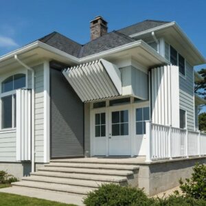 Coastal home with accordion shutters partially open, showcasing hurricane protection features