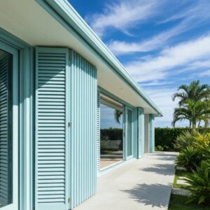 Coastal home with accordion shutters showcasing aesthetic appeal and functionality