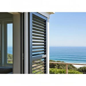Coastal home with accordion shutters showcasing storm protection and security features