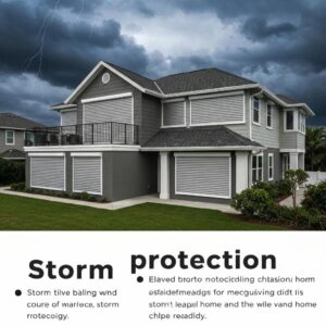 Coastal home with closed accordion shutters during a storm, emphasizing hurricane protection