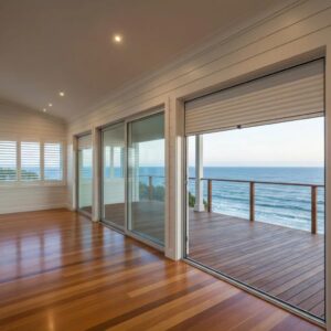 Coastal home with closed accordion shutters, emphasizing hurricane protection and safety