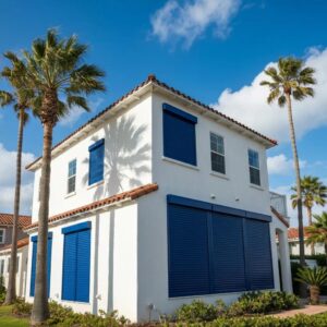 Coastal home with closed accordion shutters, highlighting storm protection features