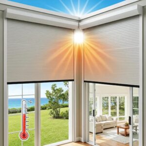 Coastal home with roll-down hurricane shutters closed, illustrating energy savings and UV protection