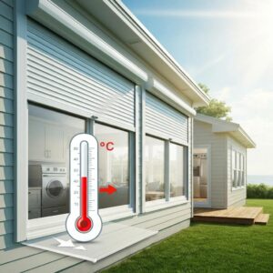 Coastal home with closed roll down hurricane shutters demonstrating energy and cost savings