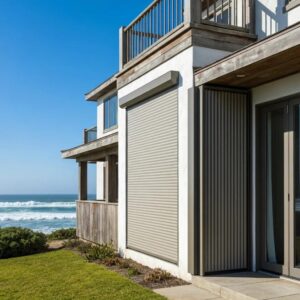Coastal home with deployed accordion shutters, highlighting storm readiness and maintenance importance