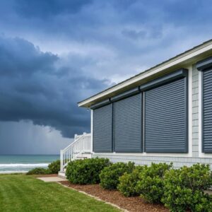 Coastal home with hurricane shutters illustrating storm protection and safety