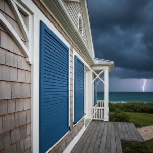 Coastal home with hurricane shutters installed, highlighting storm protection features