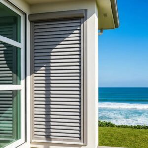 Coastal home with hurricane shutters partially closed, showcasing storm protection features